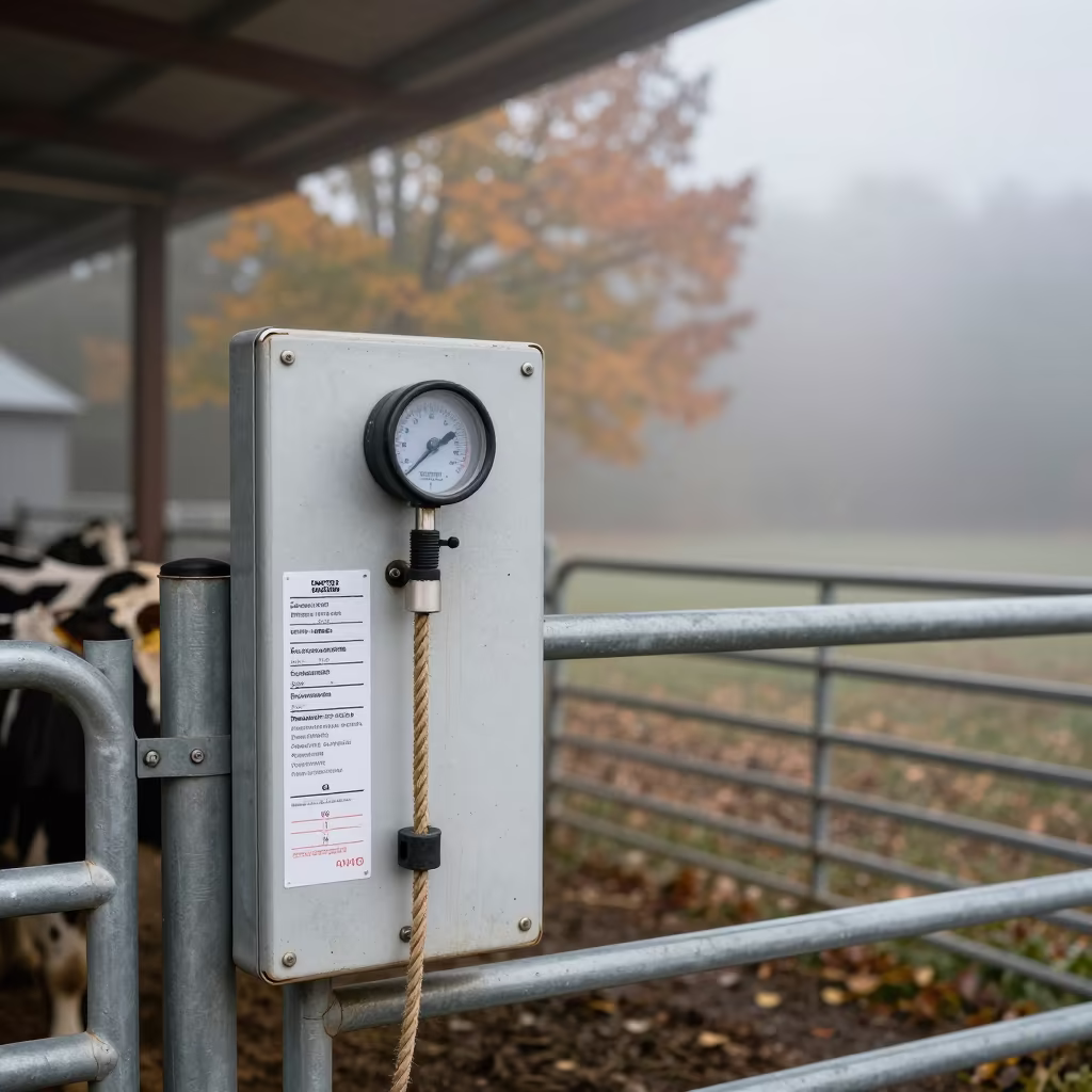 Thaw Thermometer Board in Vermont Barn Light in beside a pasture gate in Vermont
