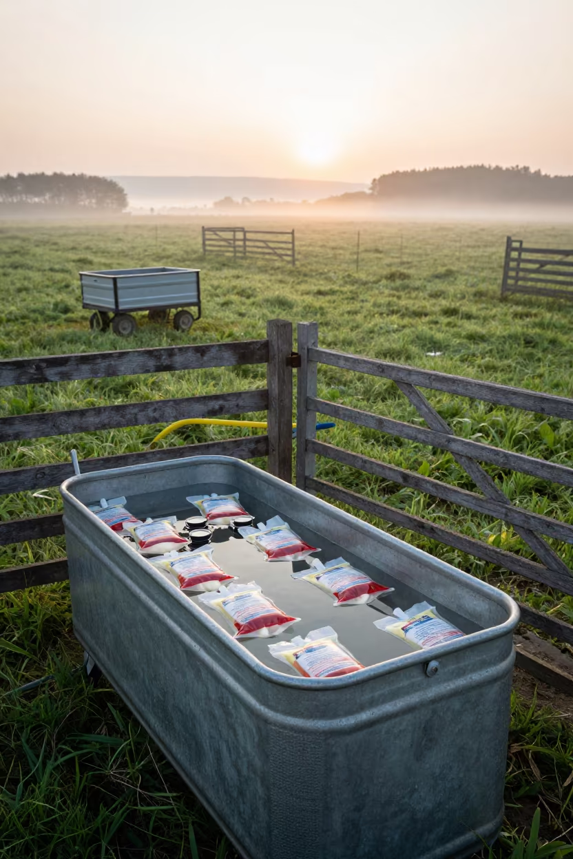 Thaw Tub for Colostrum Bags at Serbian Pasture Gate in beside a pasture gate in Serbia