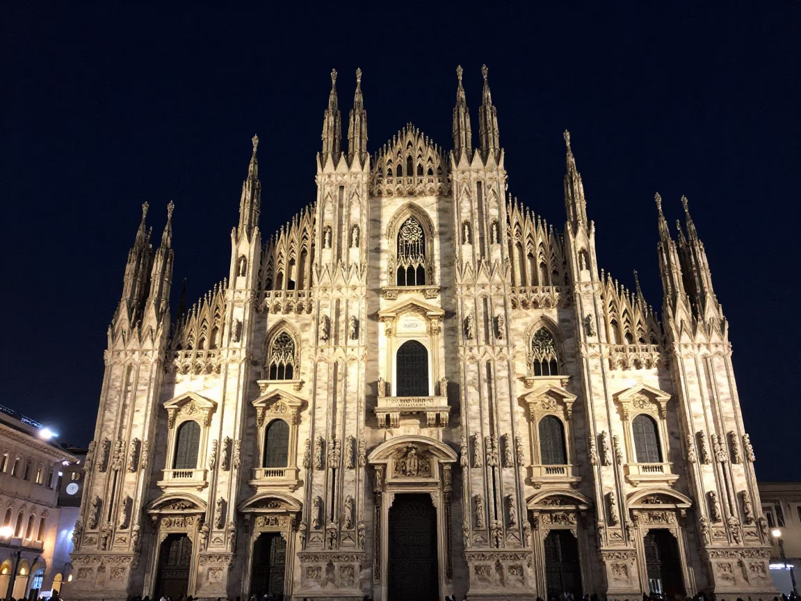 The Deepest Night Sky Light on Cathedral Piazza in Milan in in Milan, Italy