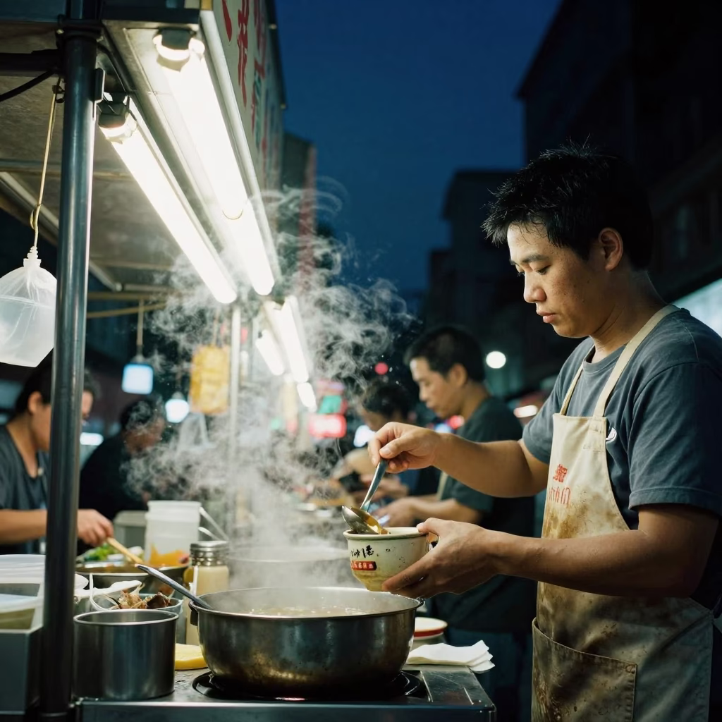 The Deepest Night Sky Light on Food Stall in Taipei in in Taipei, Taiwan