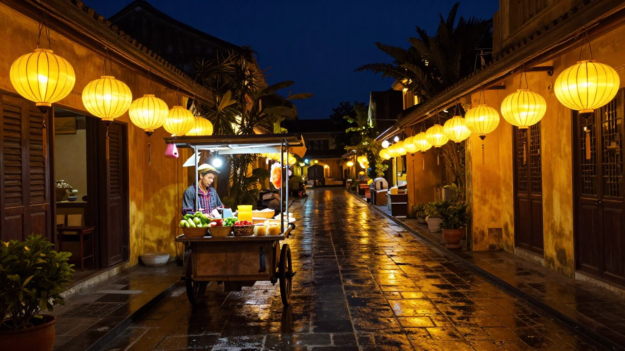The Deepest Night Sky Light on Food Vendor in Hoi An in in Hoi An, Vietnam