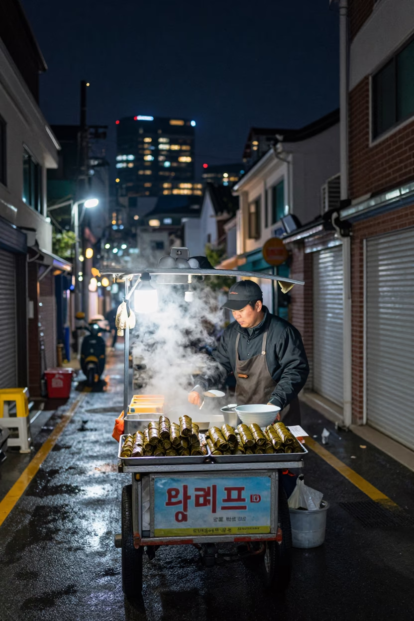 The Deepest Night Sky Light on Food Vendor in Seoul in in Seoul, South Korea