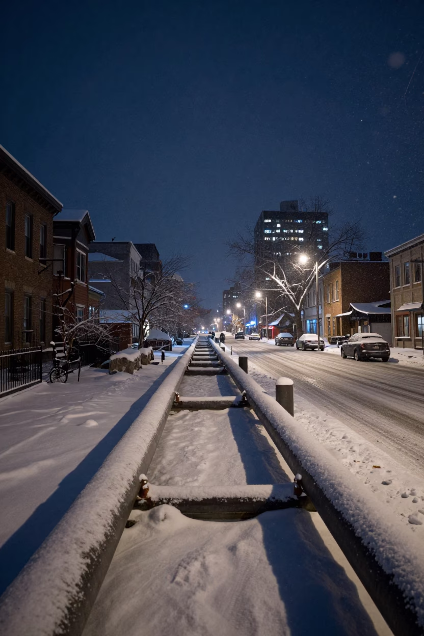 The Deepest Night Sky Light on Heating Pipes in Montreal in in Montreal, Quebec, Canada