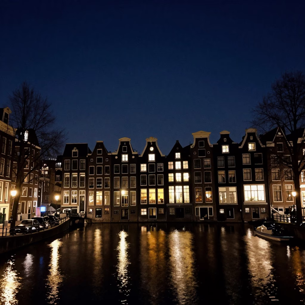 The Deepest Night Sky Light on House Reflections in Amsterdam in in Amsterdam, Netherlands