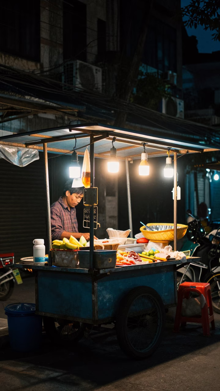 The Deepest Night Sky Light on Market Stall in Hanoi in in Hanoi, Vietnam
