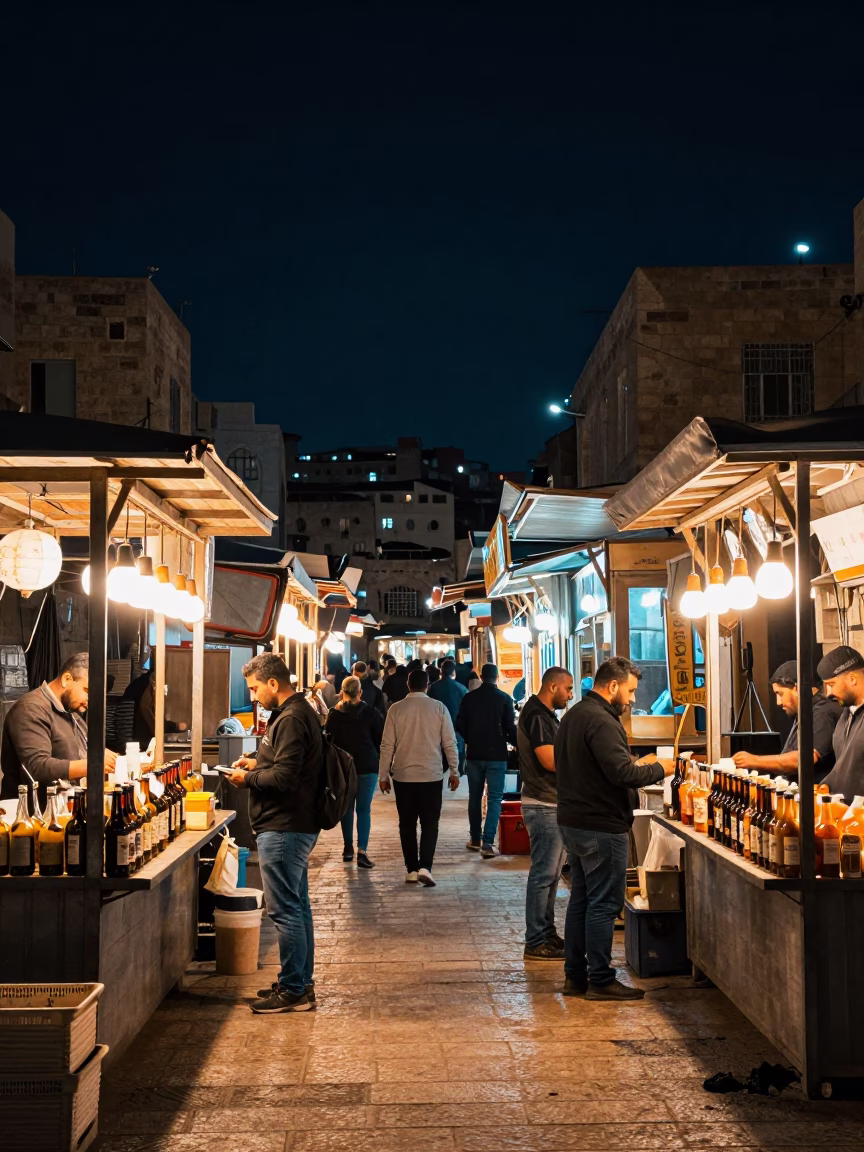 The Deepest Night Sky Light on Market Stalls in Amman in in Amman, Jordan