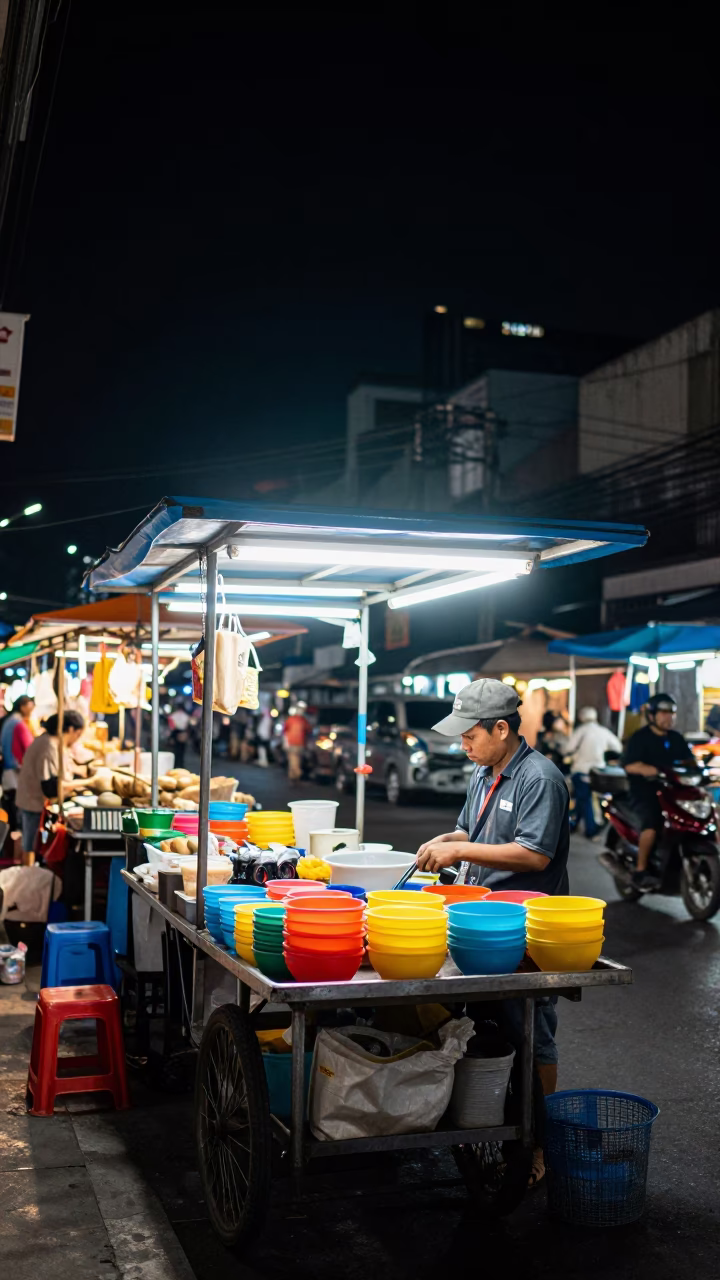 The Deepest Night Sky Light on Market Vendor in Bangkok in in Bangkok, Thailand