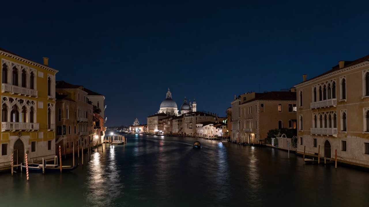 The Deepest Night Sky Light on Night Canalscape in Venice in in Venice, Italy
