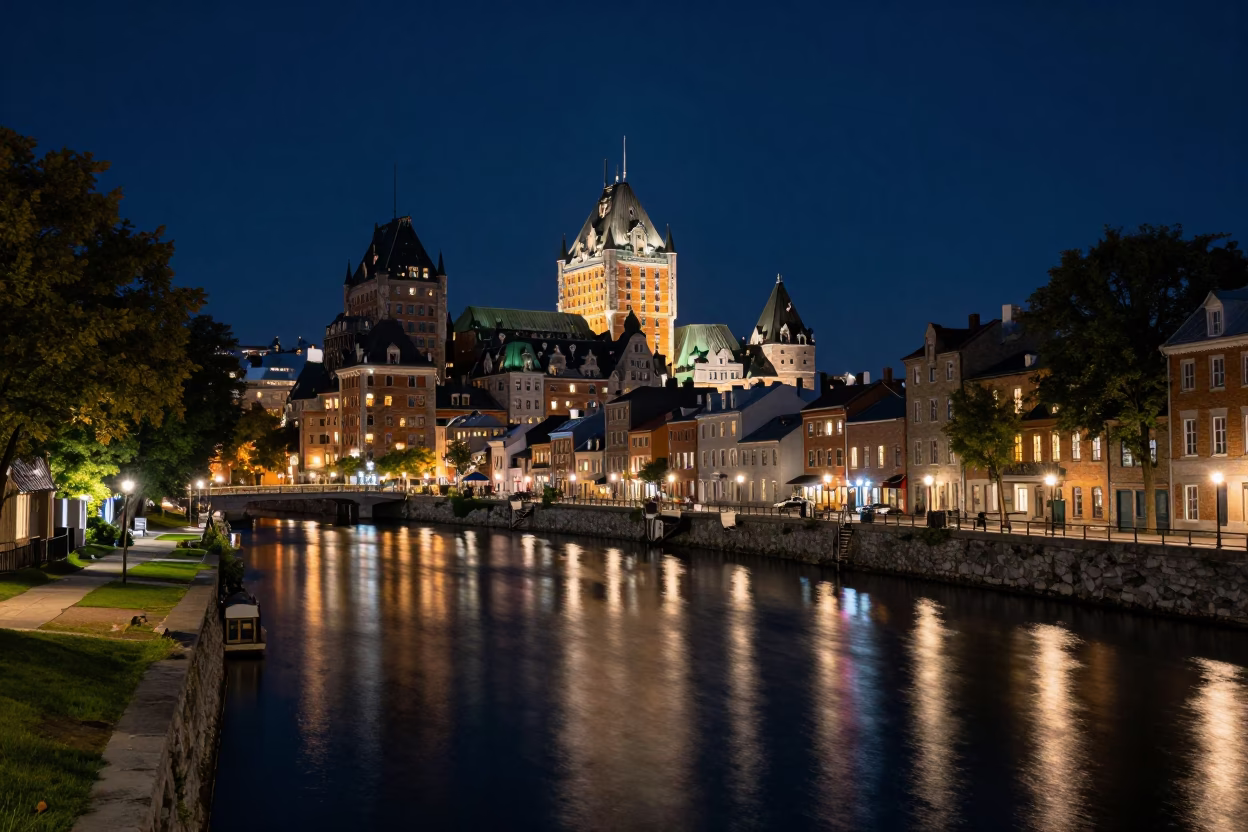 The Deepest Night Sky Light on Old Port Canal in Quebec City in in Quebec City, Quebec, Canada