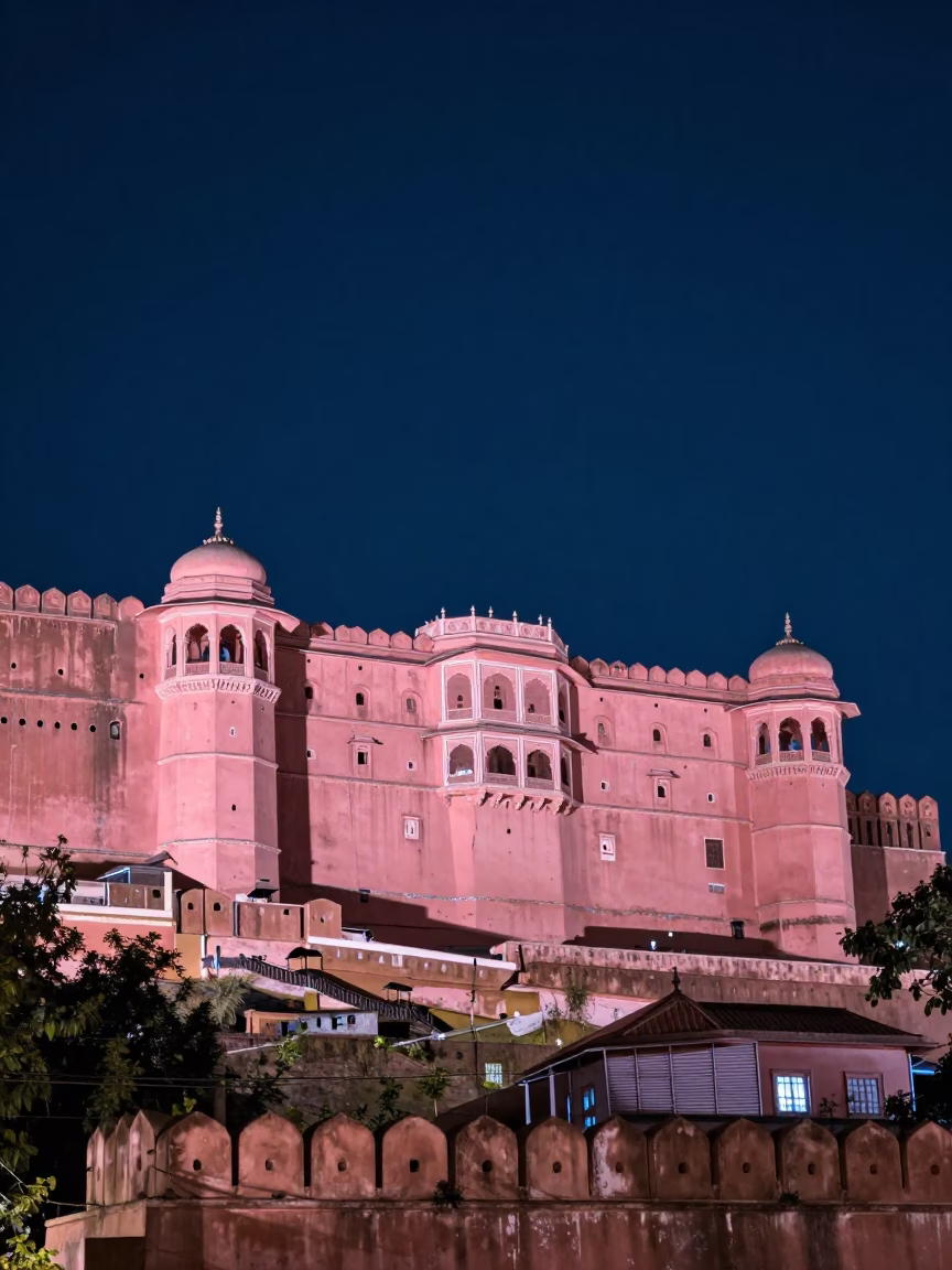 The Deepest Night Sky Light on Pink City Fort Ramparts in Jaipur in in Jaipur, India