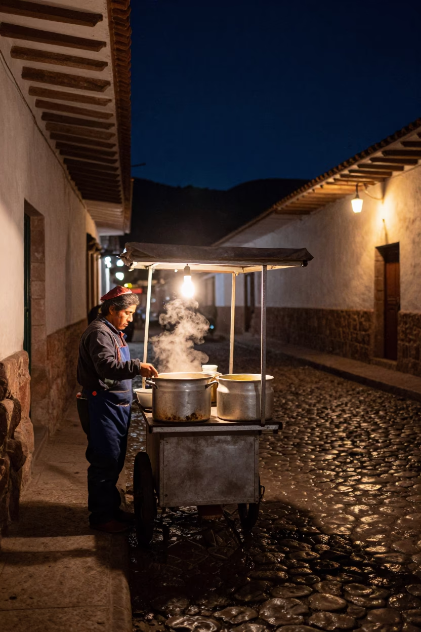The Deepest Night Sky Light on Street Food in Cusco in in Cusco, Peru