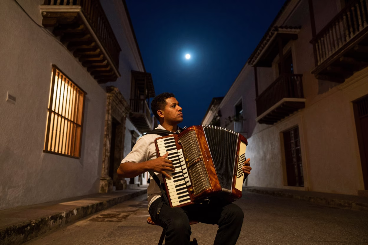 The Deepest Night Sky Light on Street Scene in Cartagena in in Cartagena, Colombia