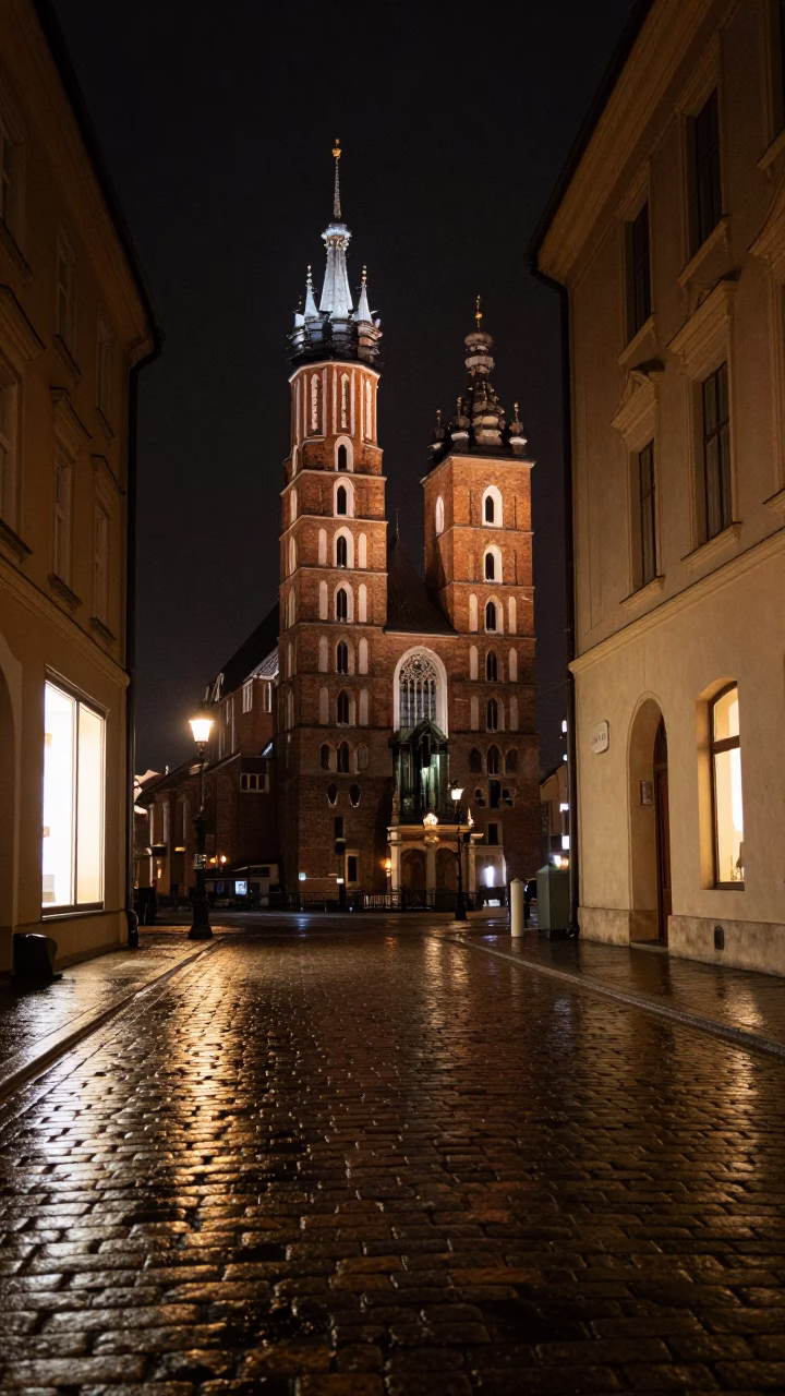 The Deepest Night Sky Light on Street Scene in Krakow in in Krakow, Poland