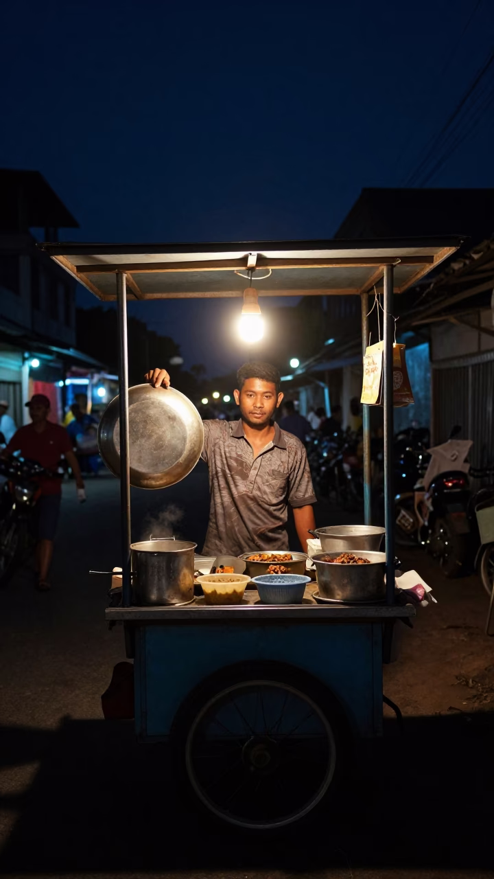 The Deepest Night Sky Light on Vendor Cooking in Phnom Penh in in Phnom Penh, Cambodia
