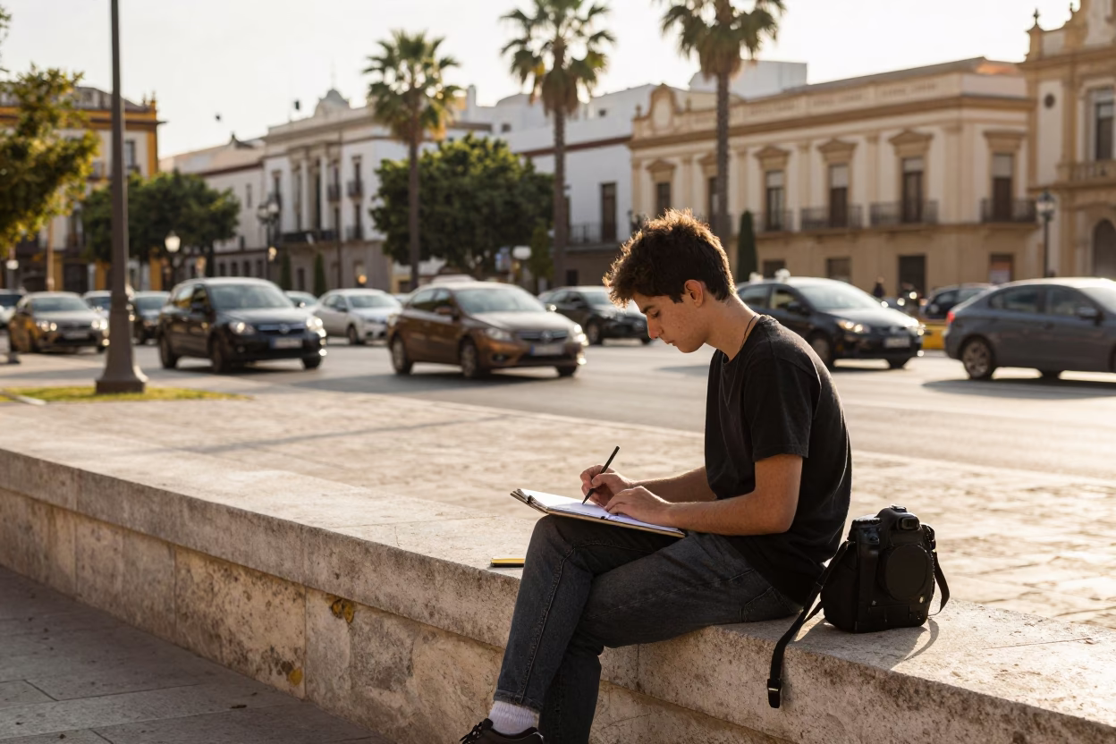 The Early Afternoon Light on Artist Sketching in Valencia in in Valencia, Spain