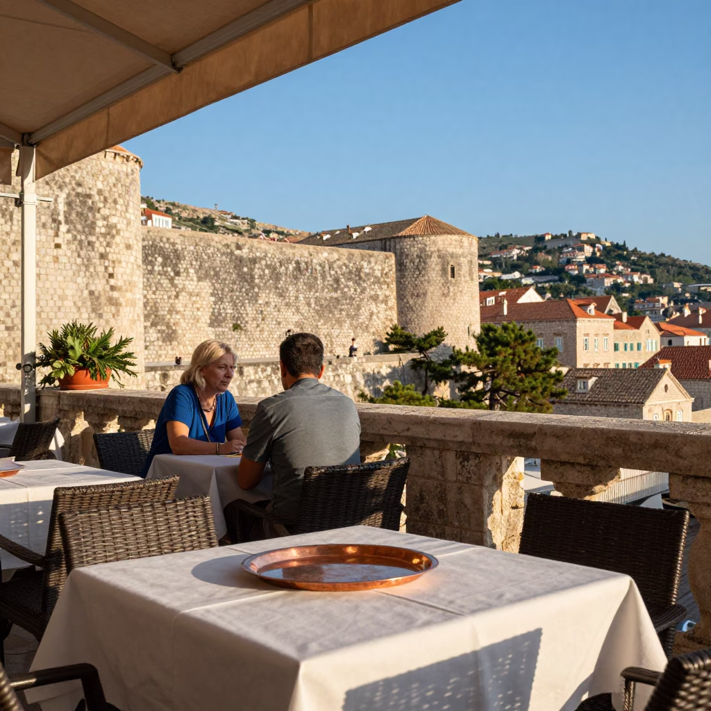 The Early Afternoon Light on Cafe Terrace in Dubrovnik in in Dubrovnik, Croatia