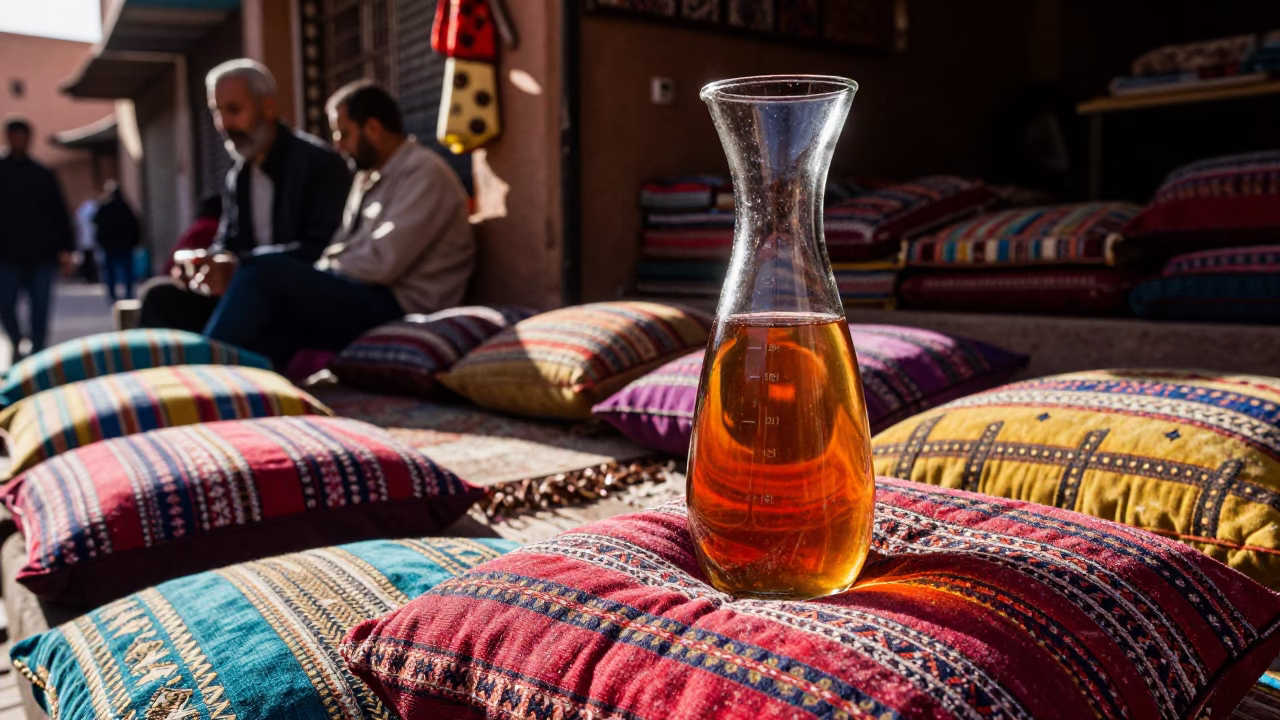 The Early Afternoon Light on Colorful Cushions in Marrakech in in Marrakech, Morocco