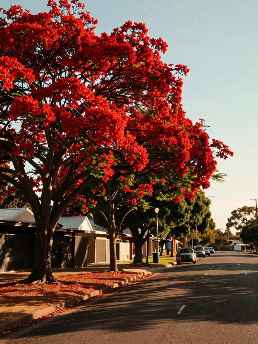 The Early Afternoon Light on Flame Tree in Perth in in Perth, Western Australia, Australia