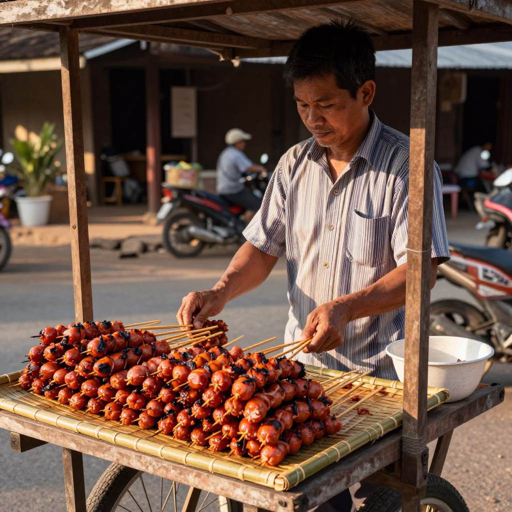 The Early Afternoon Light on Grilled Sausages in Luang Prabang in in Luang Prabang, Laos