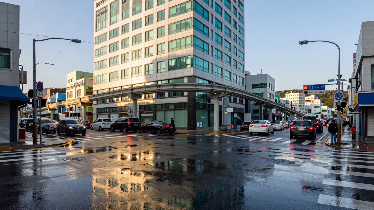 The Early Afternoon Light on Monorail Reflection in Busan in in Busan, South Korea