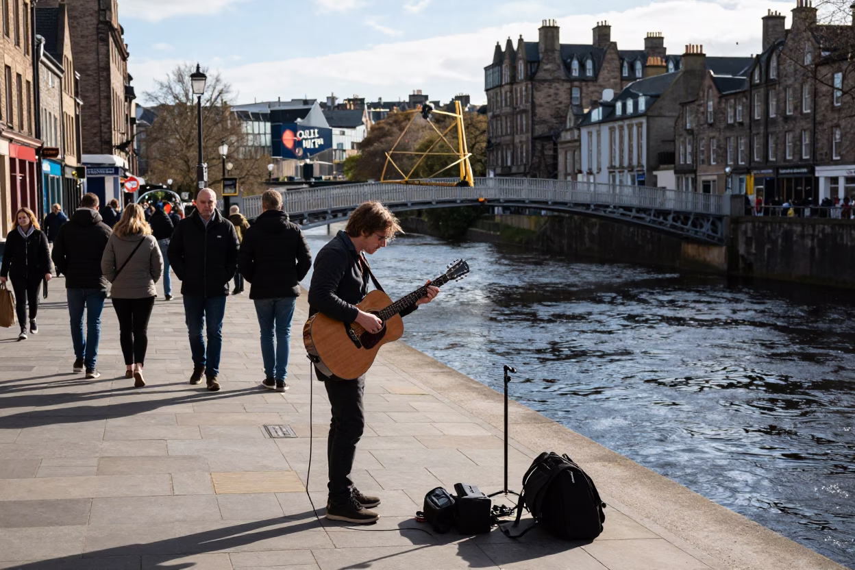 The Early Afternoon Light on Playing Guitar in Edinburgh in in Edinburgh, United Kingdom