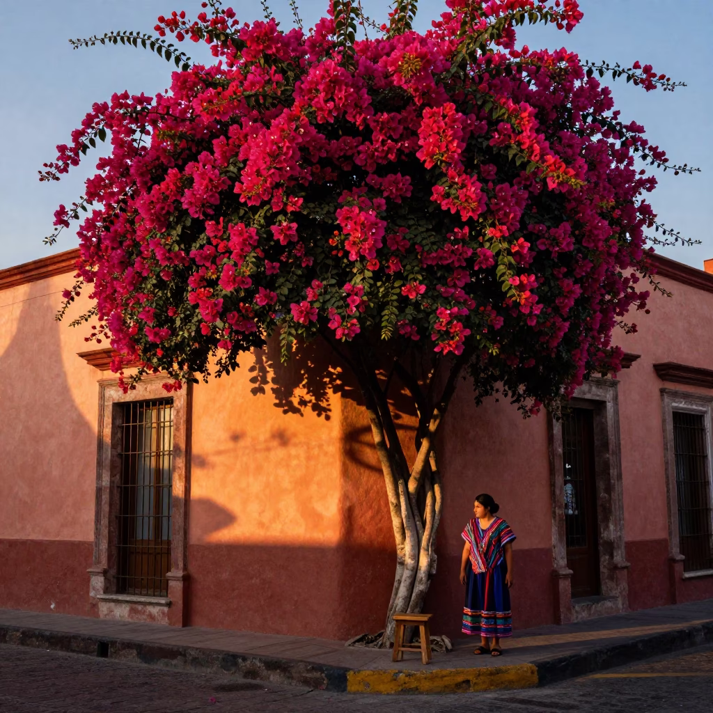 The Early Evening Light on Bougainvillea Cascade in Mexico City in in Mexico City, Mexico