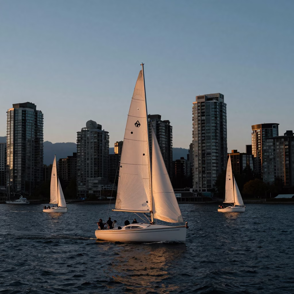 The Early Evening Light on False Creek Sailboats Tacking in Vancouver in in Vancouver, British Columbia, Canada