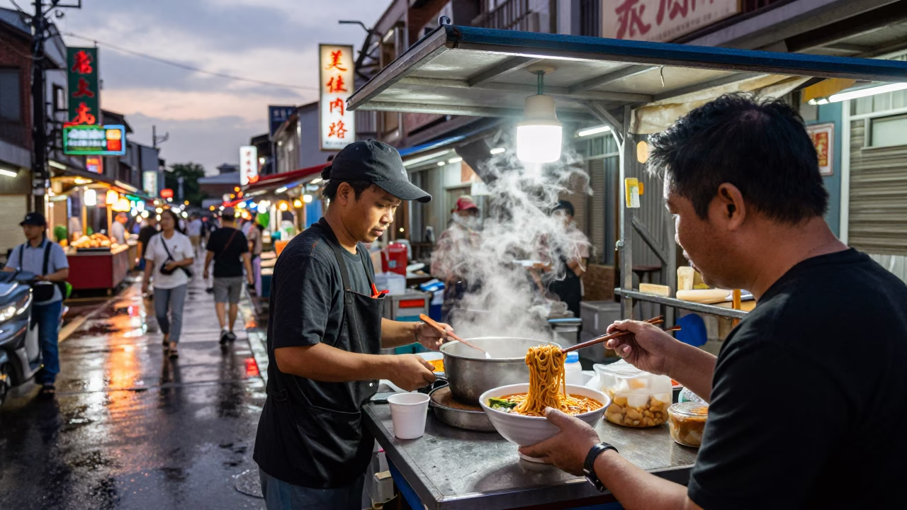 The Early Evening Light on Food Scene in Tainan in in Tainan, Taiwan