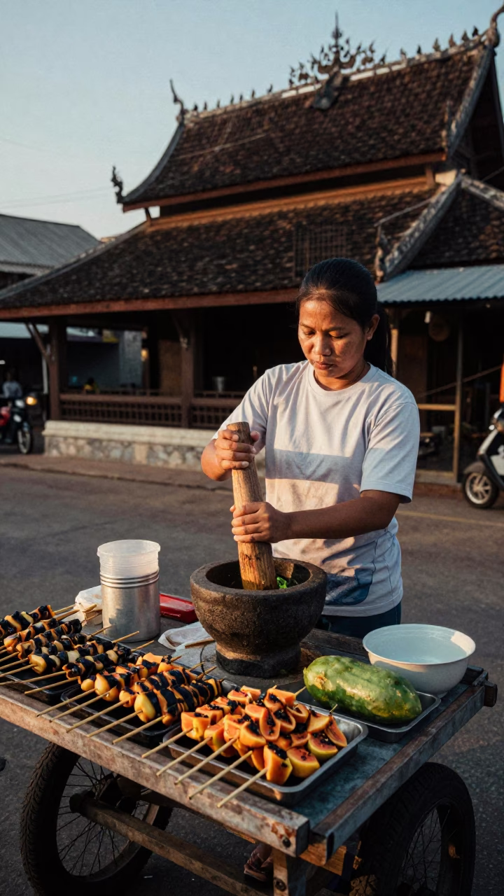 The Early Evening Light on Grilled Skewers in Chiang Mai in in Chiang Mai, Thailand