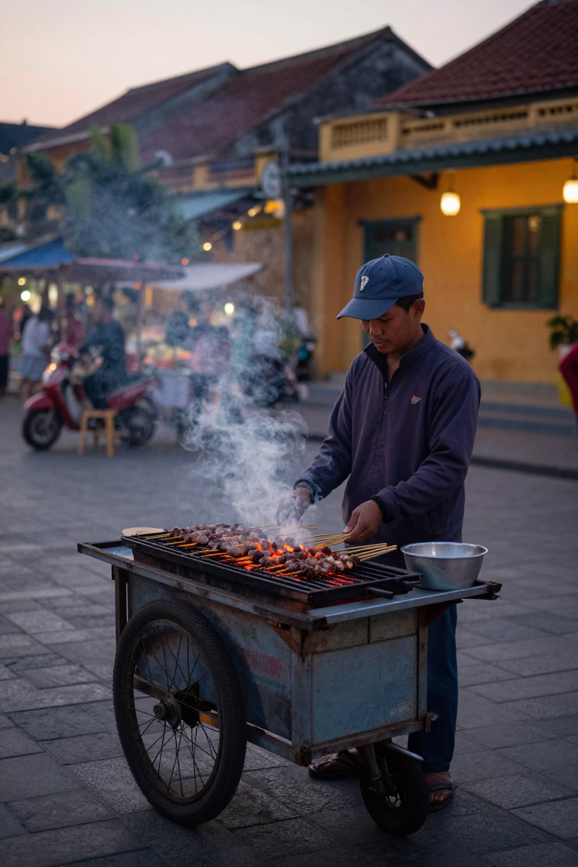 The Early Evening Light on Grilling Skewers in Hoi An in in Hoi An, Vietnam