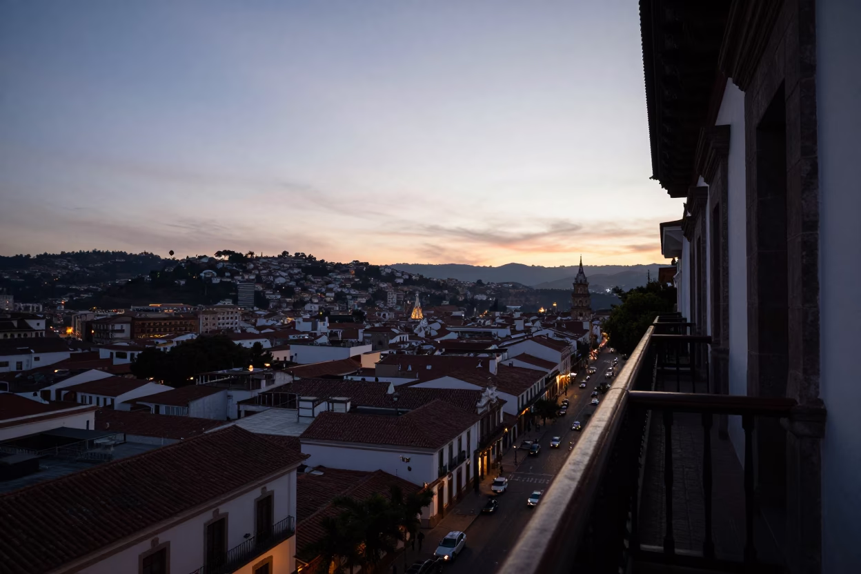 The Early Evening Light on Historic Balcony in Quito in in Quito, Ecuador