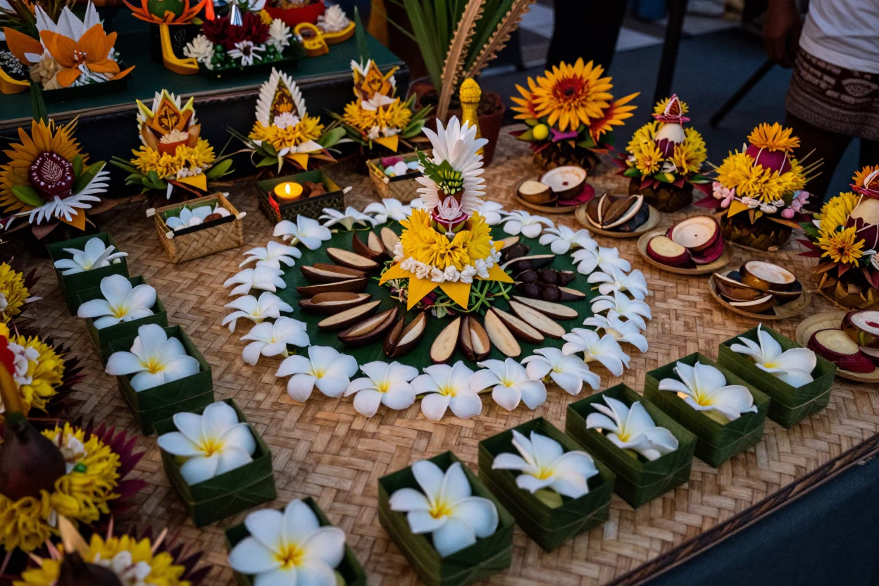 The Early Evening Light on Offering Displayed in Denpasar in in Denpasar, Indonesia