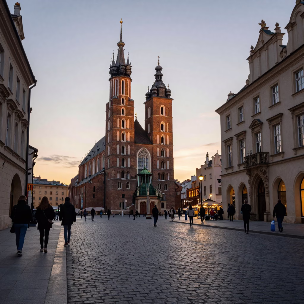 The Early Evening Light on Old Town in Krakow in in Krakow, Poland