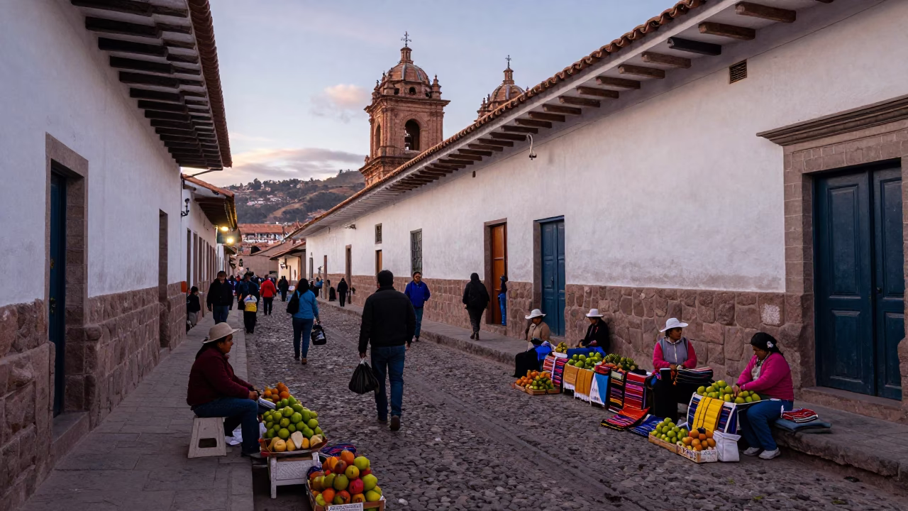 The Early Evening Light on Street Scene in Cusco in in Cusco, Peru