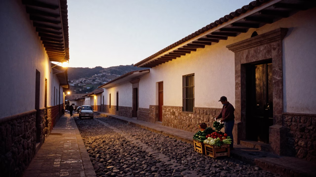 The Early Evening Light on Street Scene in Cusco in in Cusco, Peru