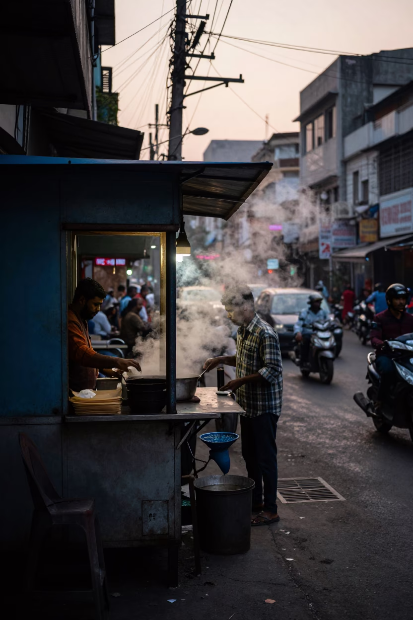 The Early Evening Light on Street Scene in Kolkata in in Kolkata, India