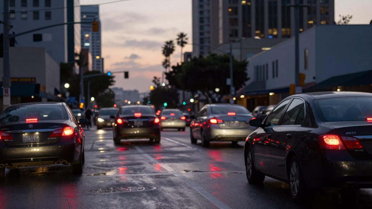 The Early Evening Light on Tail Lights in Los Angeles in in Los Angeles, California, United States