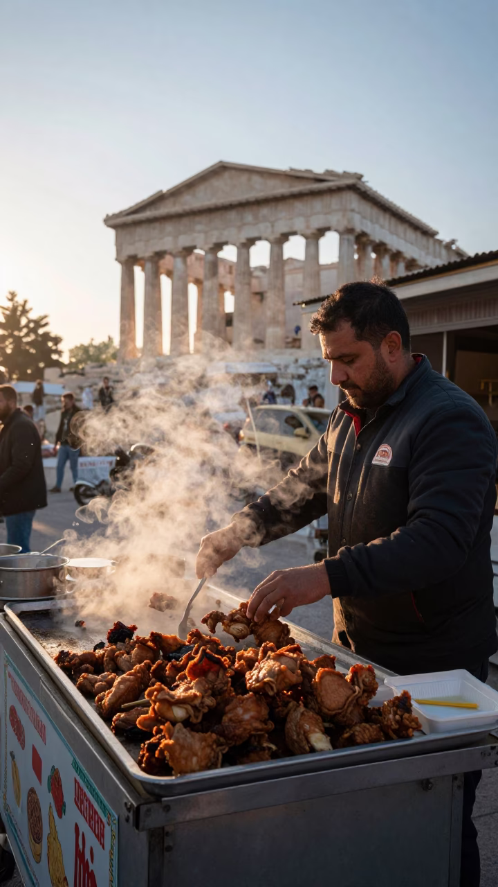 The Early Morning Light on Food Stall in Athens in in Athens, Greece