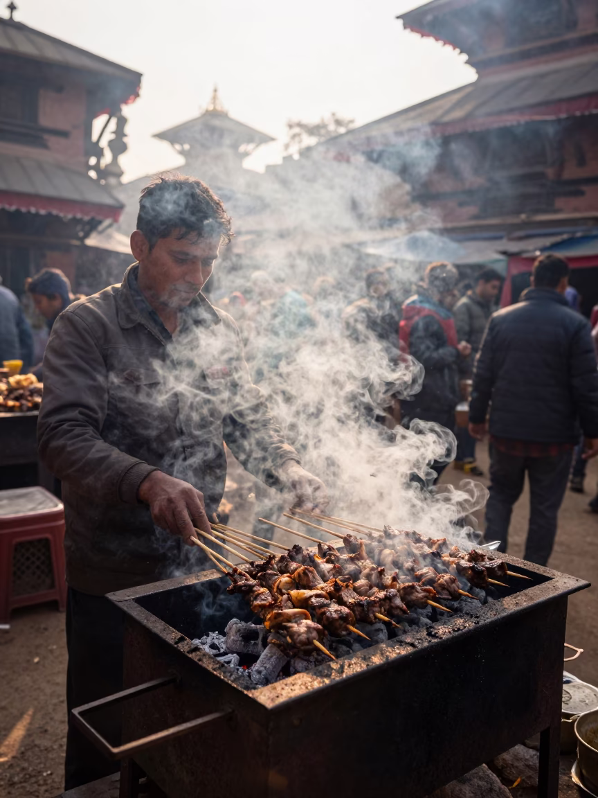 The Early Morning Light on Grilling Kebabs in Kathmandu in in Kathmandu, Nepal