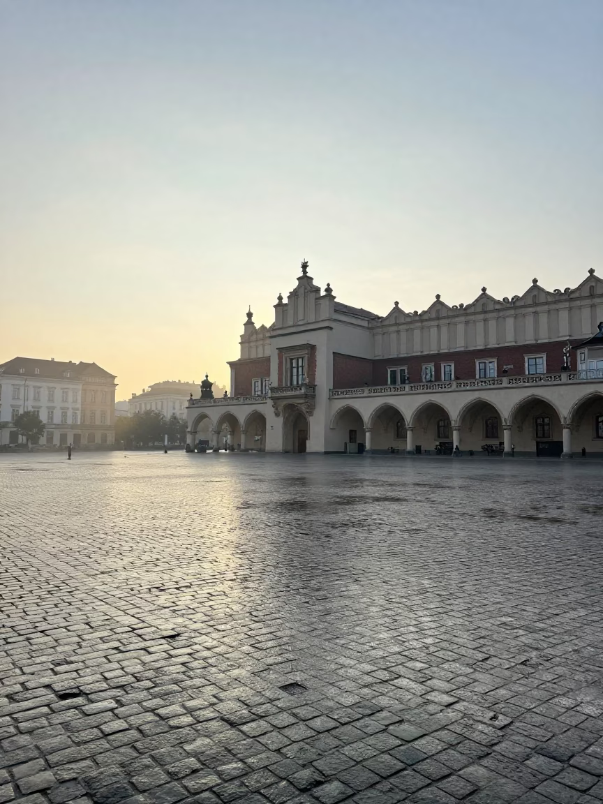 The Early Morning Light on Main Square in Krakow in in Krakow, Poland