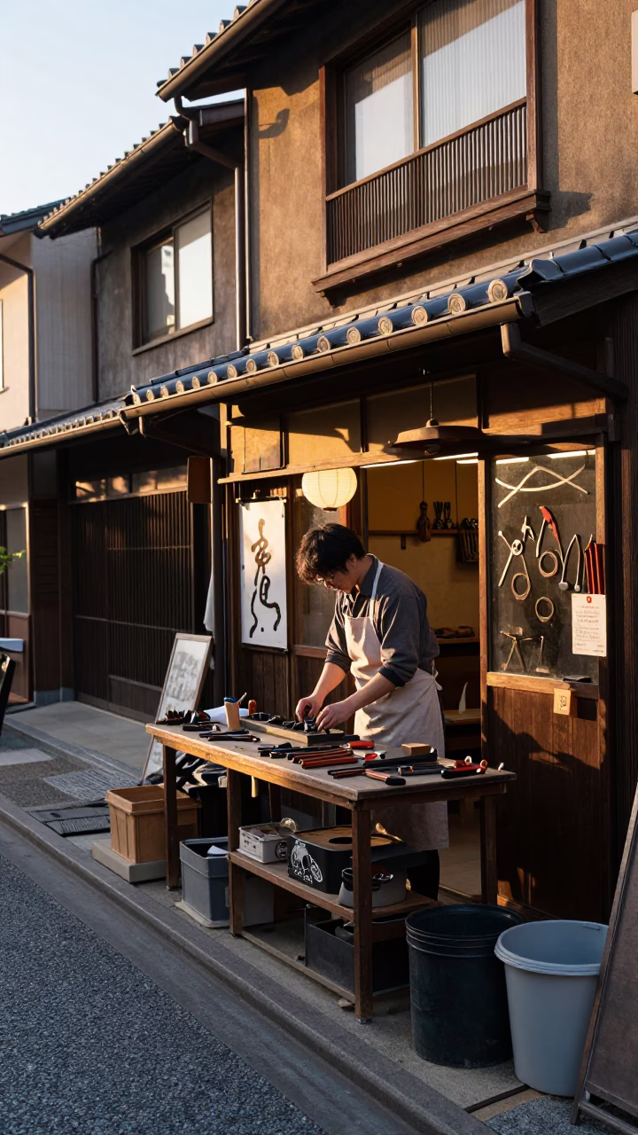 The Early Morning Light on Metalwork in Kyoto in in Kyoto, Japan
