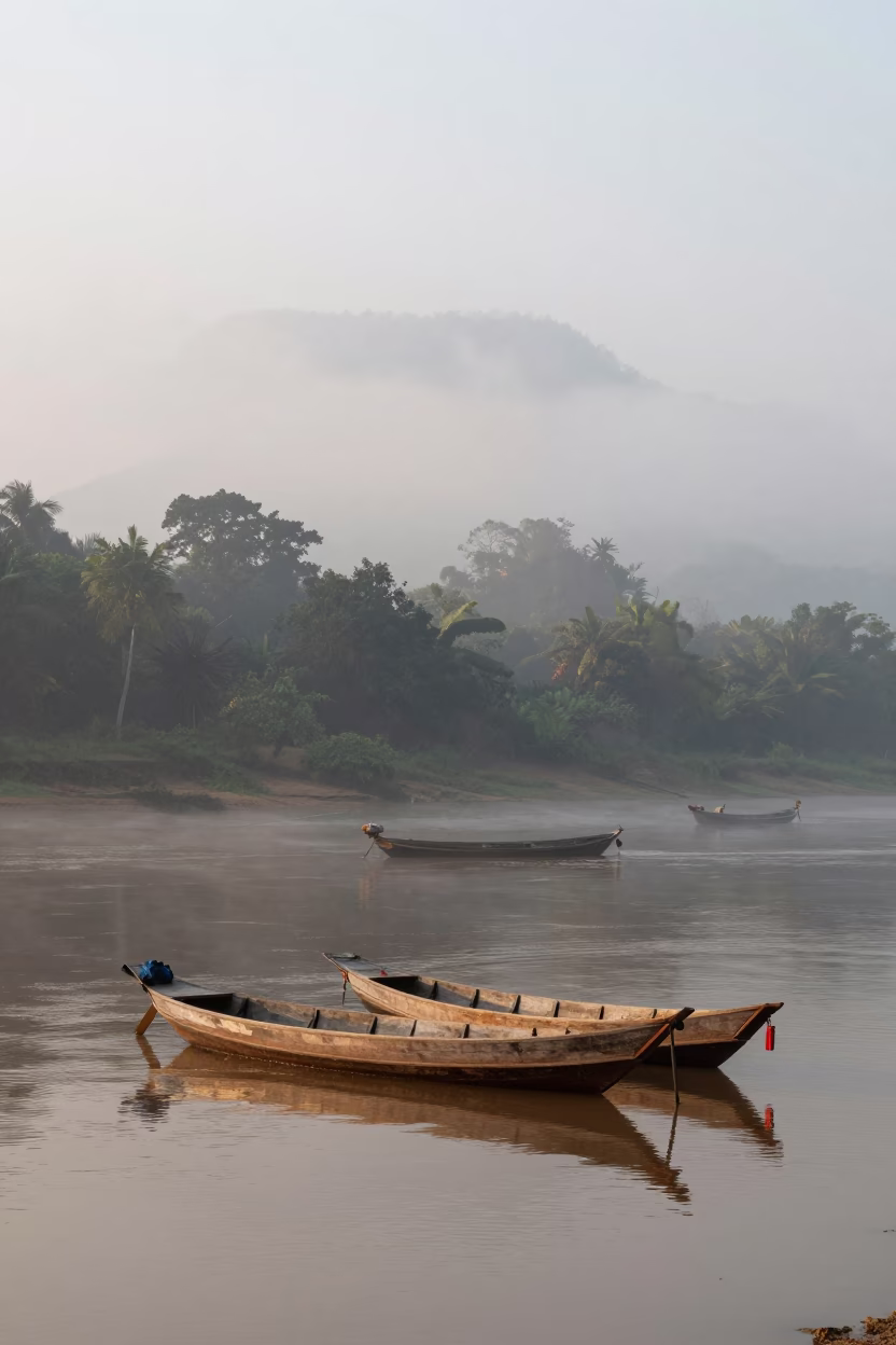 The Early Morning Light on Morning Mist in Luang Prabang in in Luang Prabang, Laos
