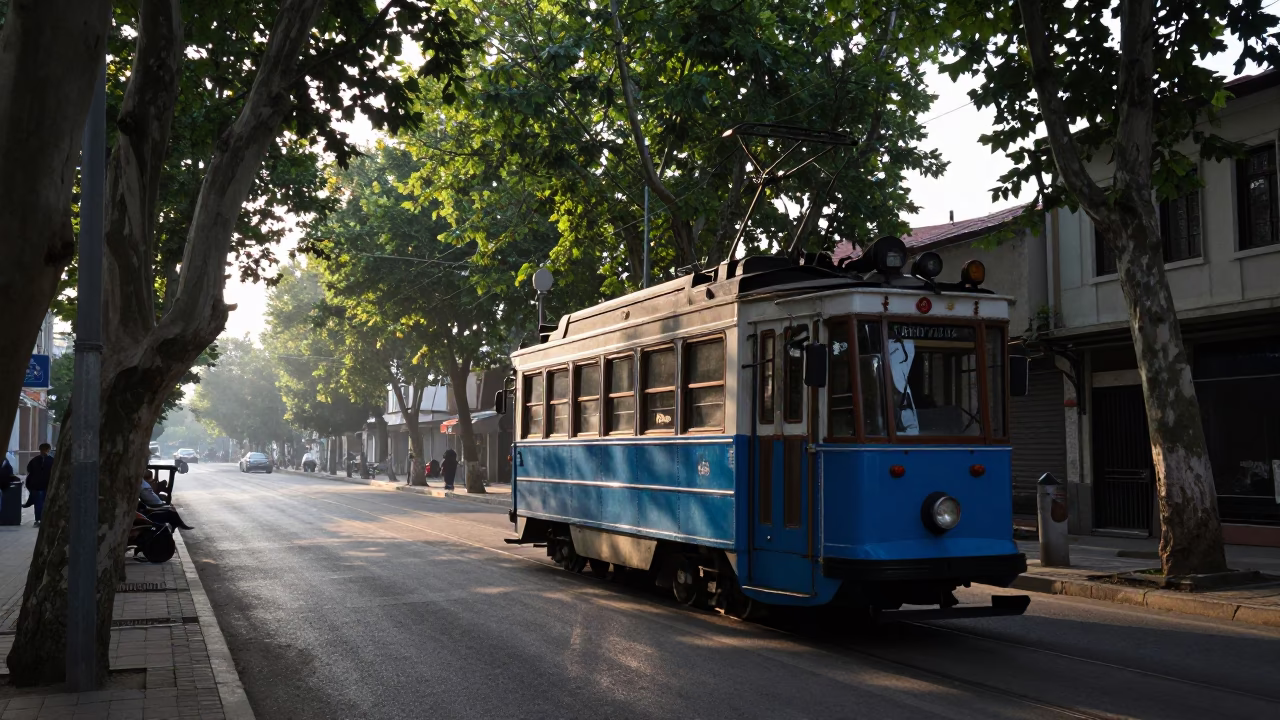 The Early Morning Light on Morning Tramcar in Izmir in in Izmir, Turkey