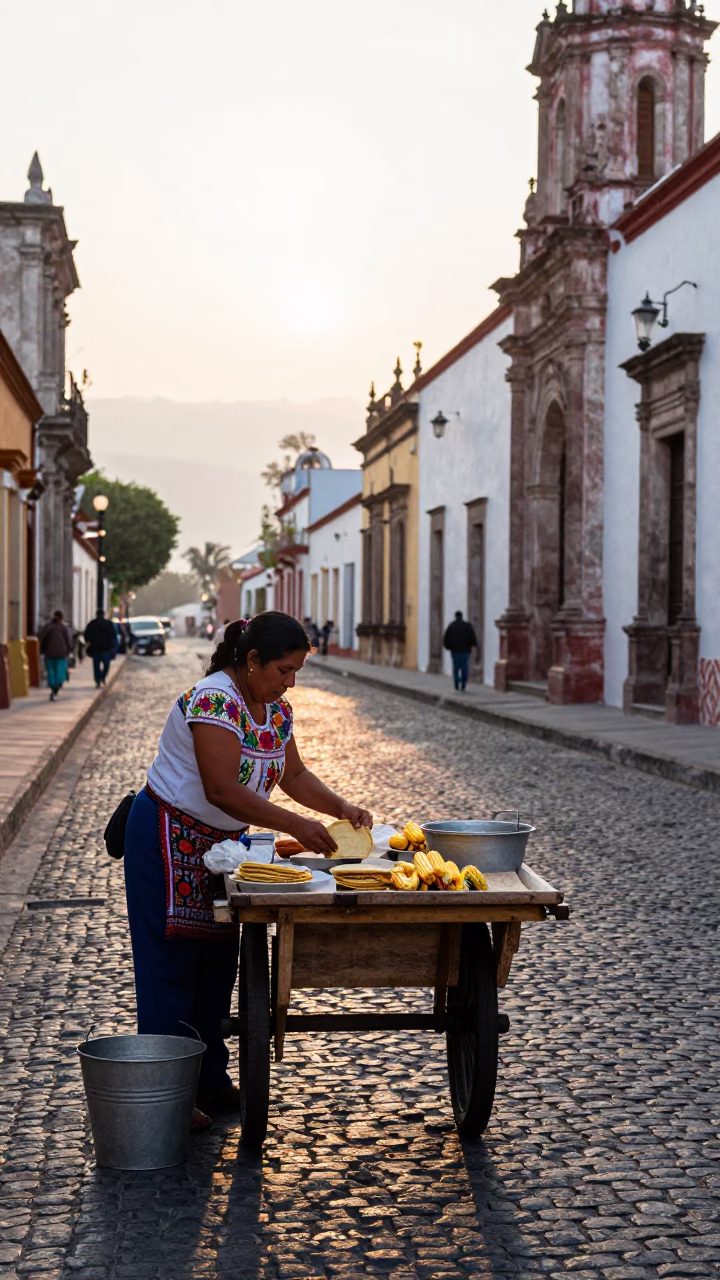 The Early Morning Light on Street Scene in Oaxaca in in Oaxaca, Mexico