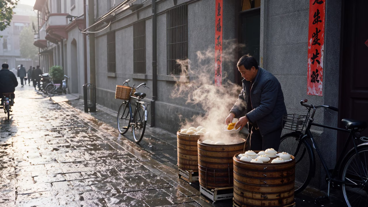 The Early Morning Light on Street Scene in Shanghai in in Shanghai, China