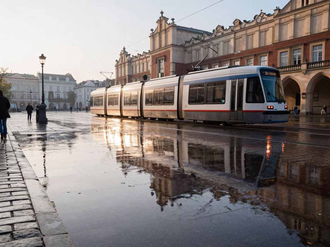 The Early Morning Light on Tramcar Reflection in Krakow in in Krakow, Poland