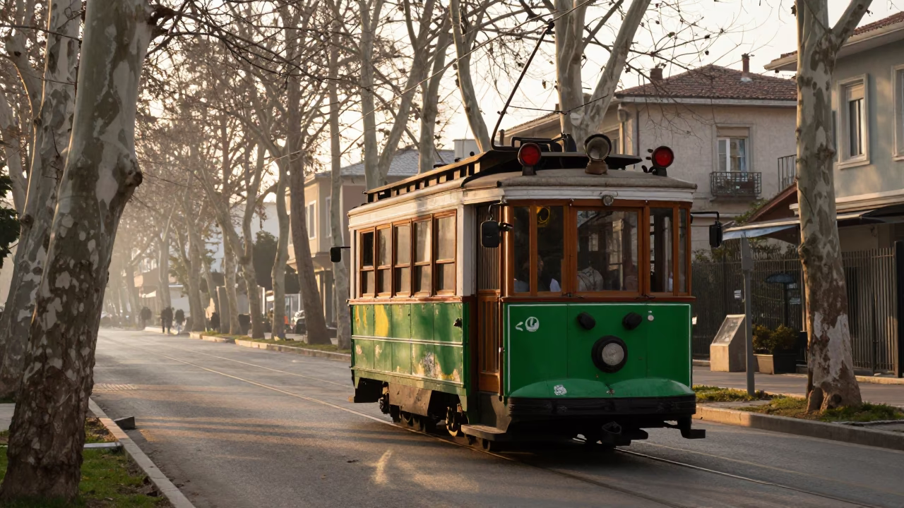 The Early Morning Light on Trolley Car in Izmir in in Izmir, Turkey