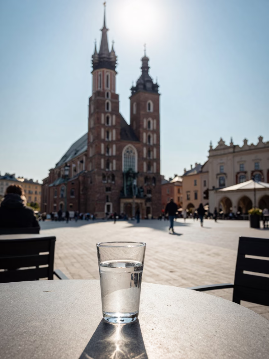 The Flat Glare Of Noon Light on Cafe Scene in Krakow in in Krakow, Poland