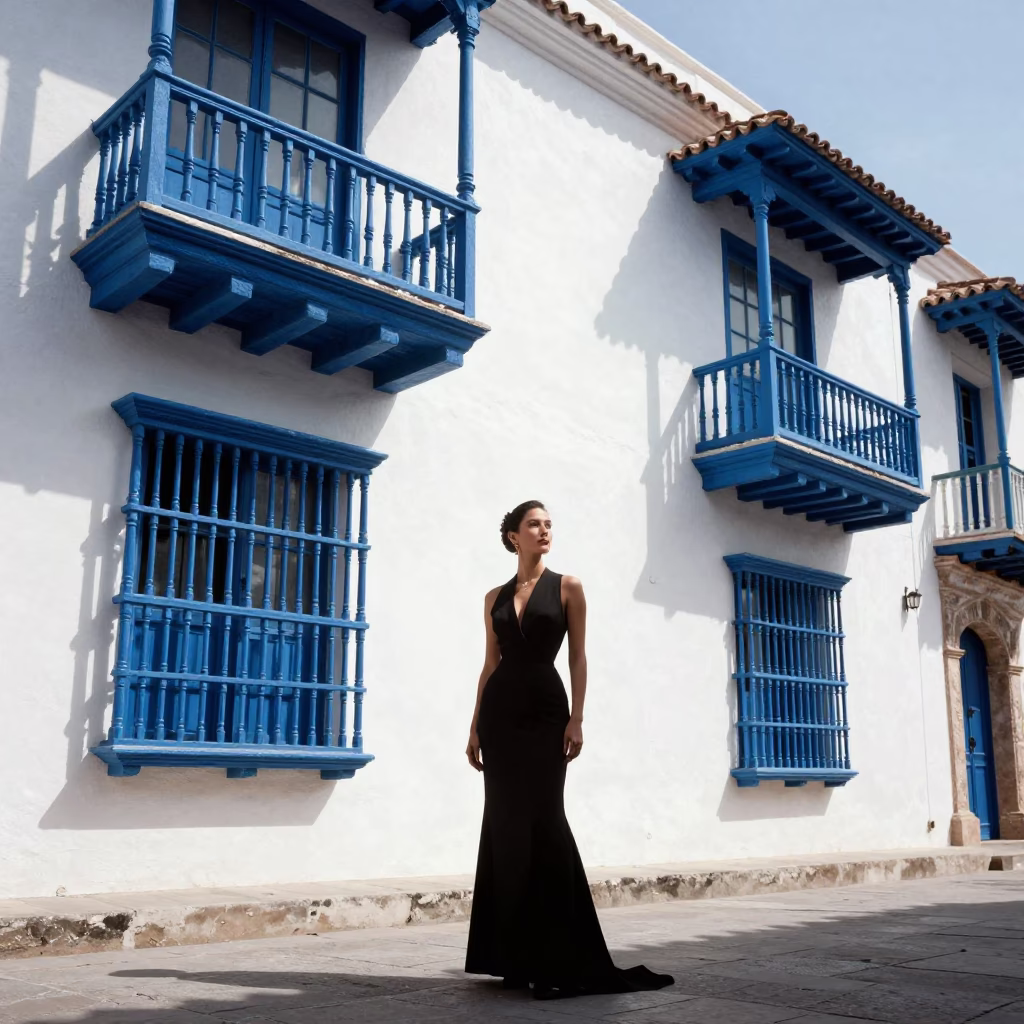 The Flat Glare Of Noon Light on Elegant Woman in Cartagena in in Cartagena, Colombia