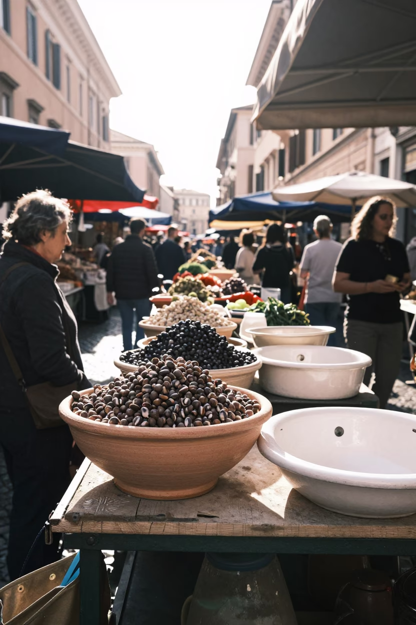 The Flat Glare Of Noon Light on Market Stall in Rome in in Rome, Italy